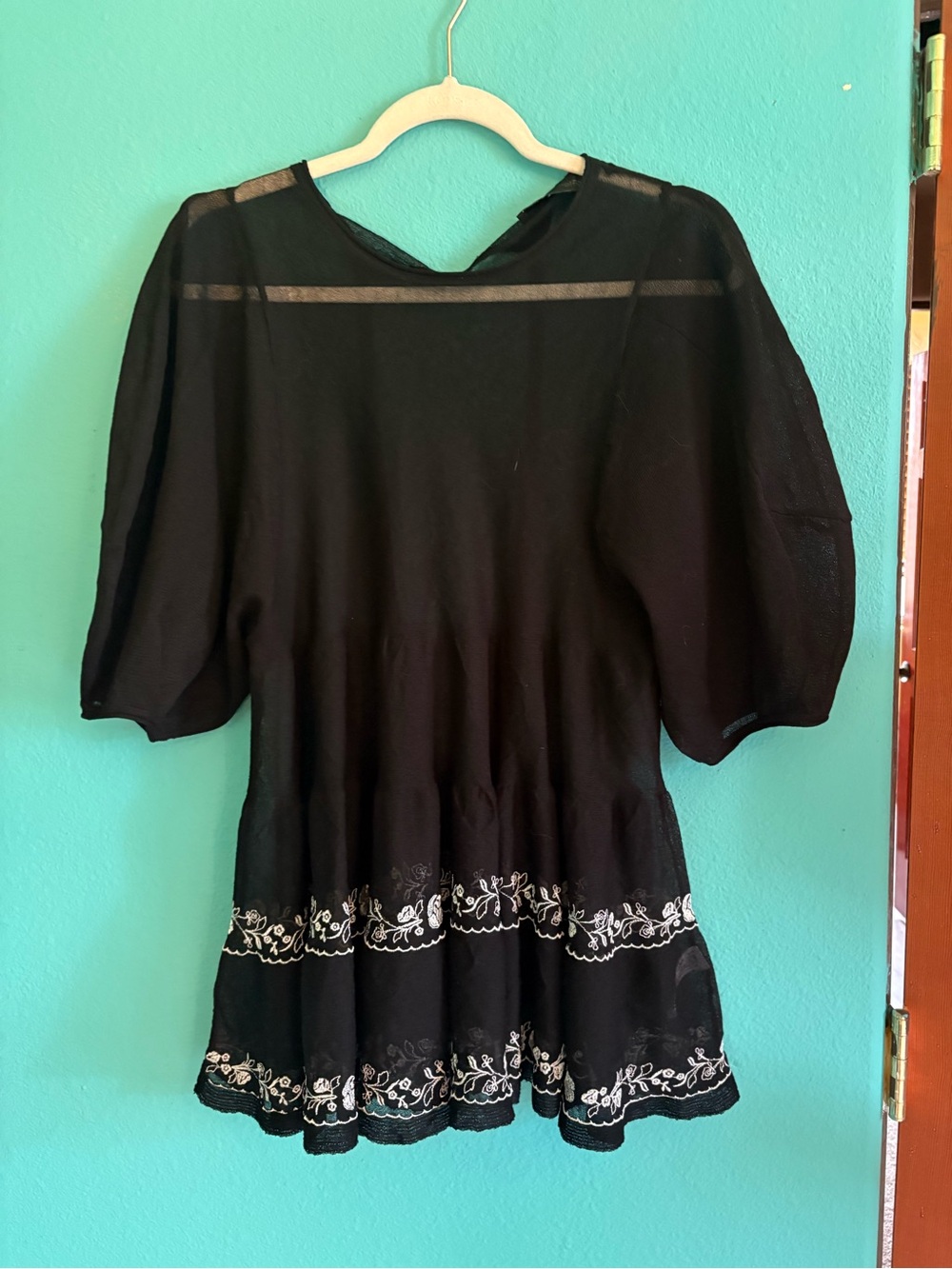 Zara sheer black embroidered tunic with balloon sleeves NWOT